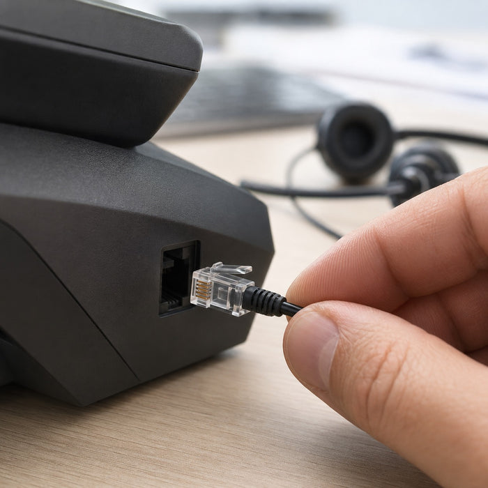 RJ9 wired headset connector plugged into a compatible desk phone