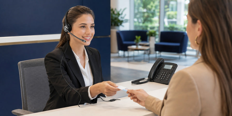 Receptionist using a Wantek mono wired headset while assisting a visitor at an office front desk