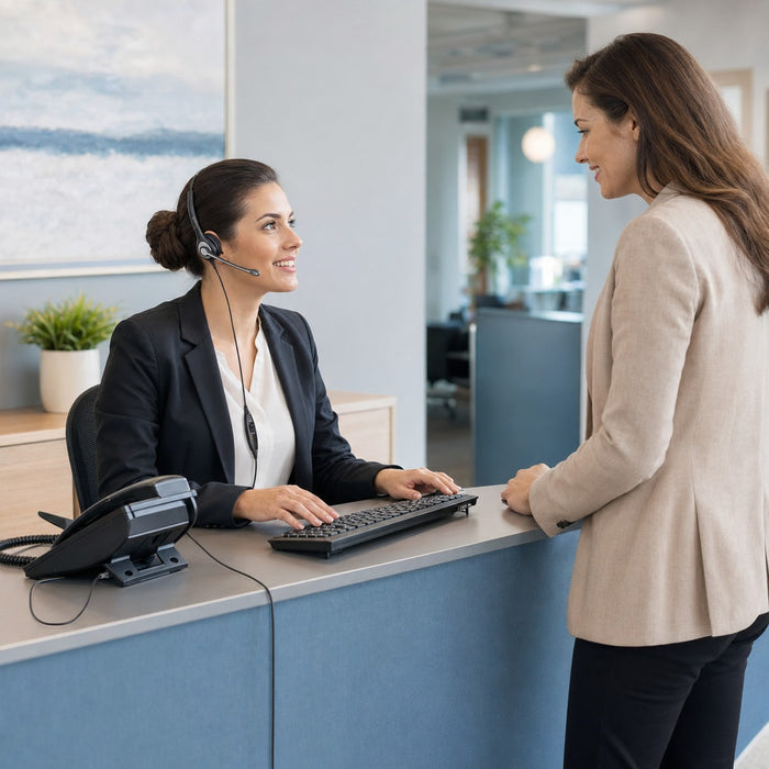Receptionist using a mono office phone headset