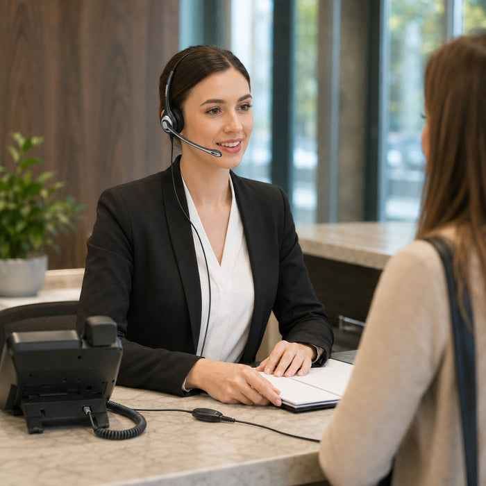 Receptionist using a mono office phone headset