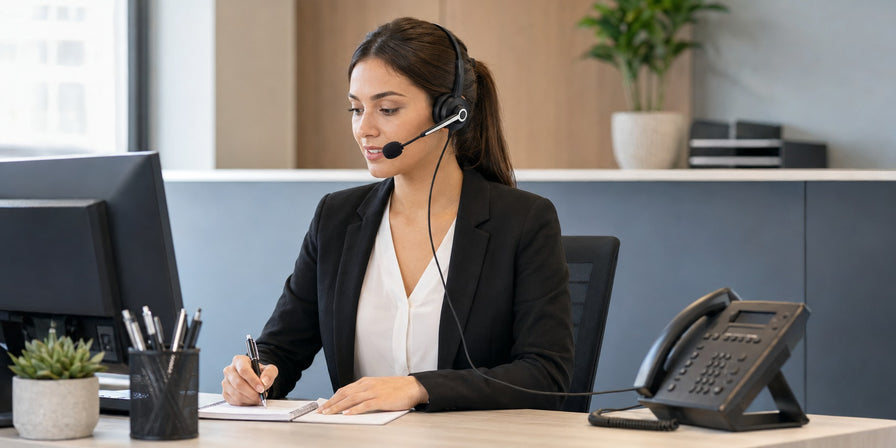 Receptionist using a mono telephone headset with a landline desk phone