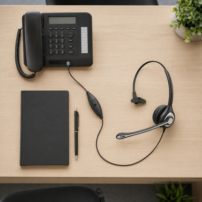 Simple fixed-desk setup with a mono wired office headset