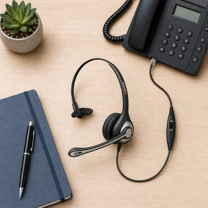 Simple fixed-desk setup with a mono wired office headset