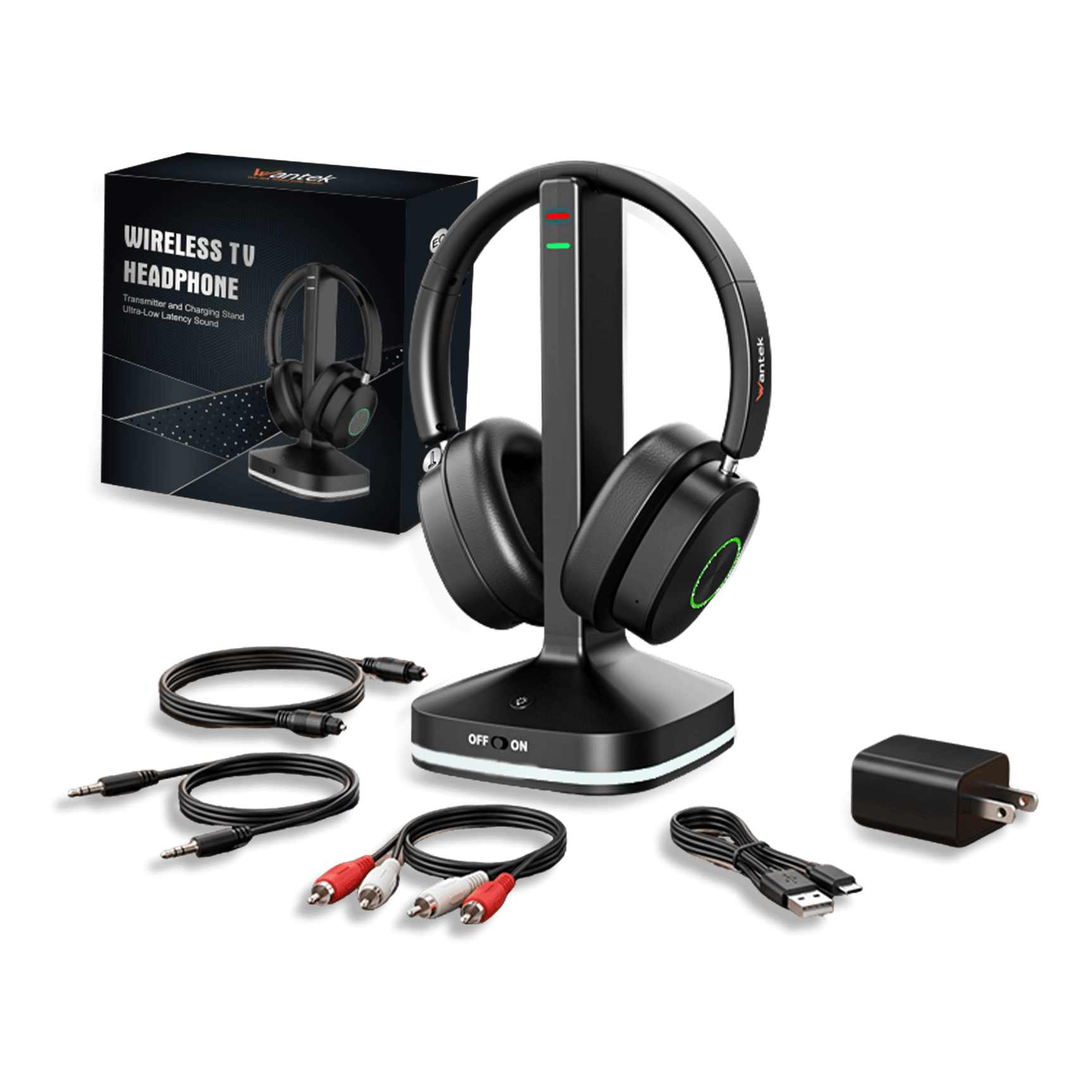 Black wireless TV headphones with a matching charging dock, shown with the retail box, audio cables, power adapter, and USB cable on a white background.