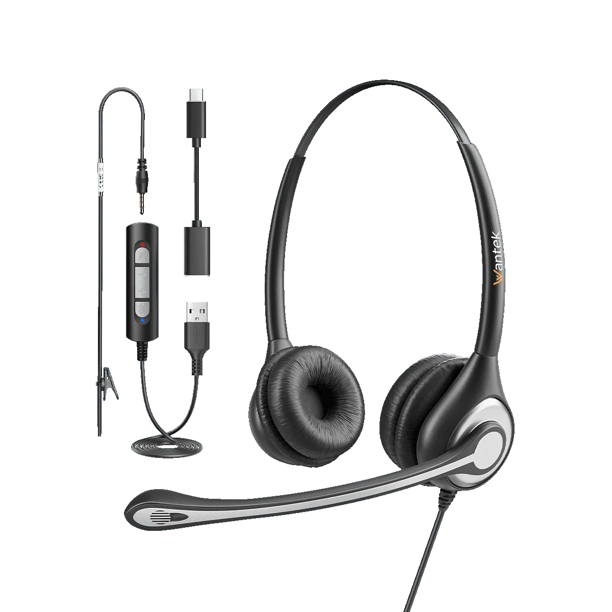 Wantek H602 dual-ear wired office headset with boom mic, inline controls and three connector options