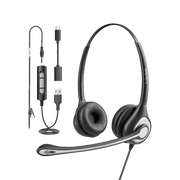 Wantek H602 dual-ear wired office headset with boom mic, inline controls and three connector options