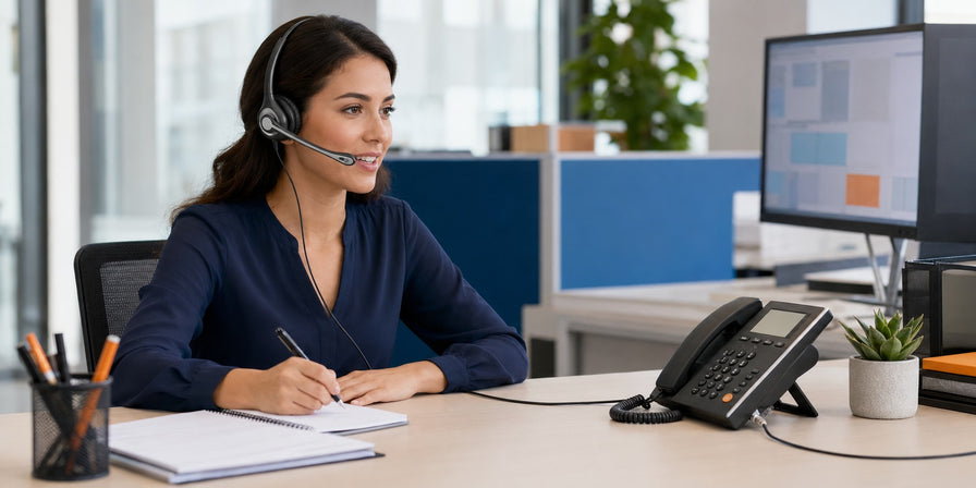 Wantek H602 dual-ear wired headset connected to a landline office phone