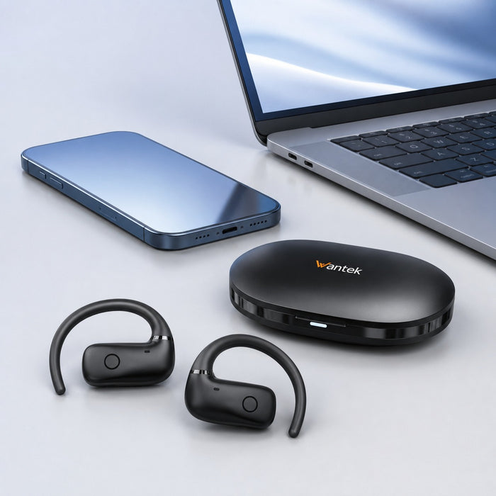 Wantek OBT030 Bluetooth 5.4 earbuds beside a smartphone and laptop