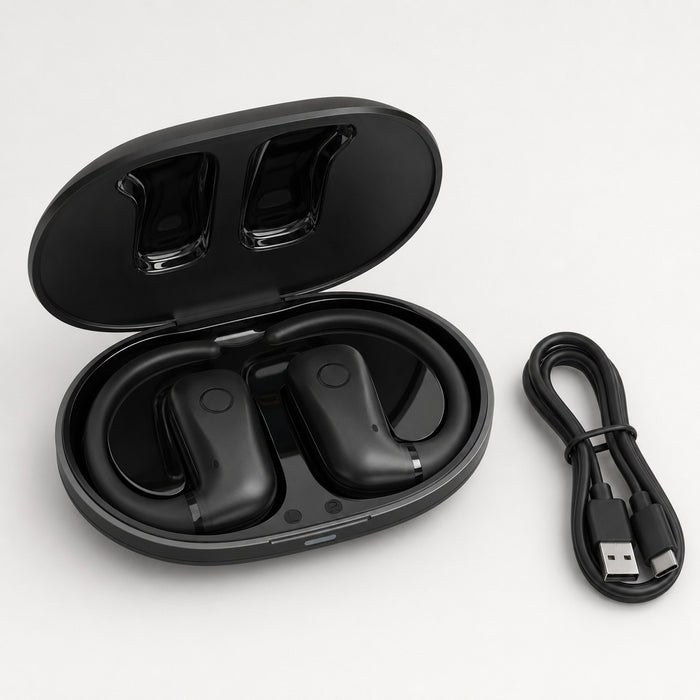Wantek OBT030 open-ear earbuds seated inside the portable charging case
