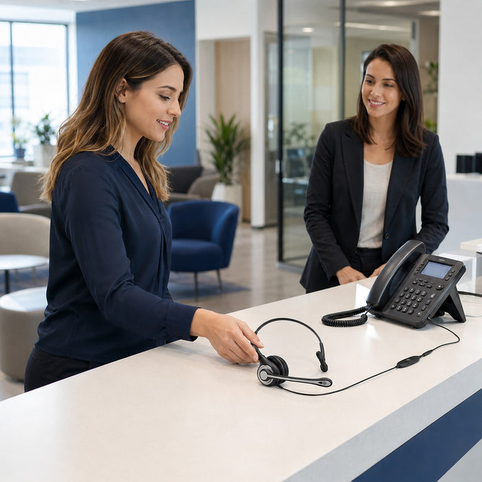 Wantek mono wired headset at a shared reception desk with two administrative employees