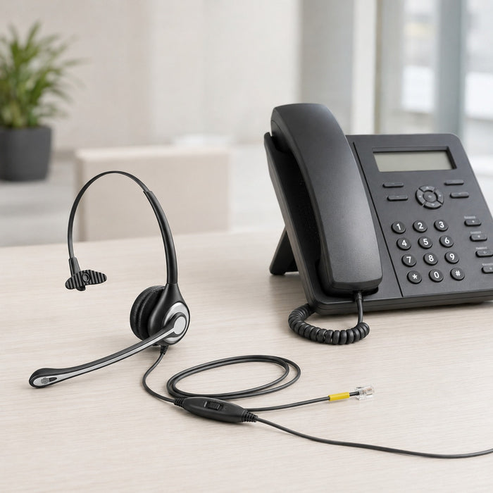 Wired landline headset shown beside a separate office phone