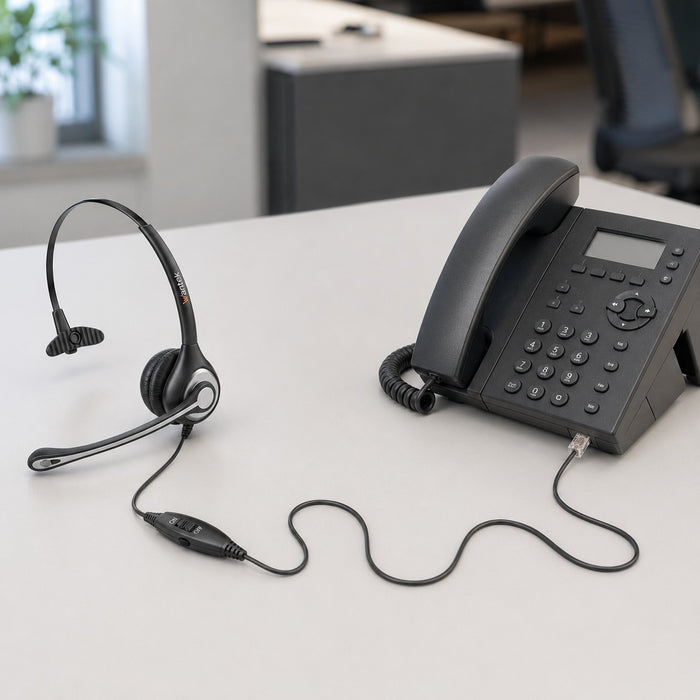 Wired landline headset shown beside a separate office phone
