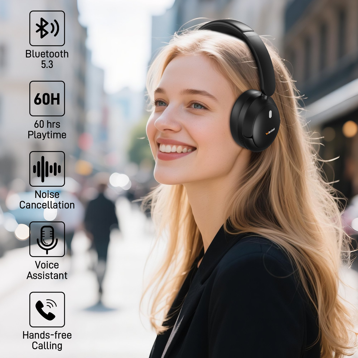 Wantek Active Noise Cancelling Headphones , 70-Hour Bluetooth Headphones, Deep Bass & Hi-Fi Sound - Over-Ear Comfort for Office,PC,Travel, Work