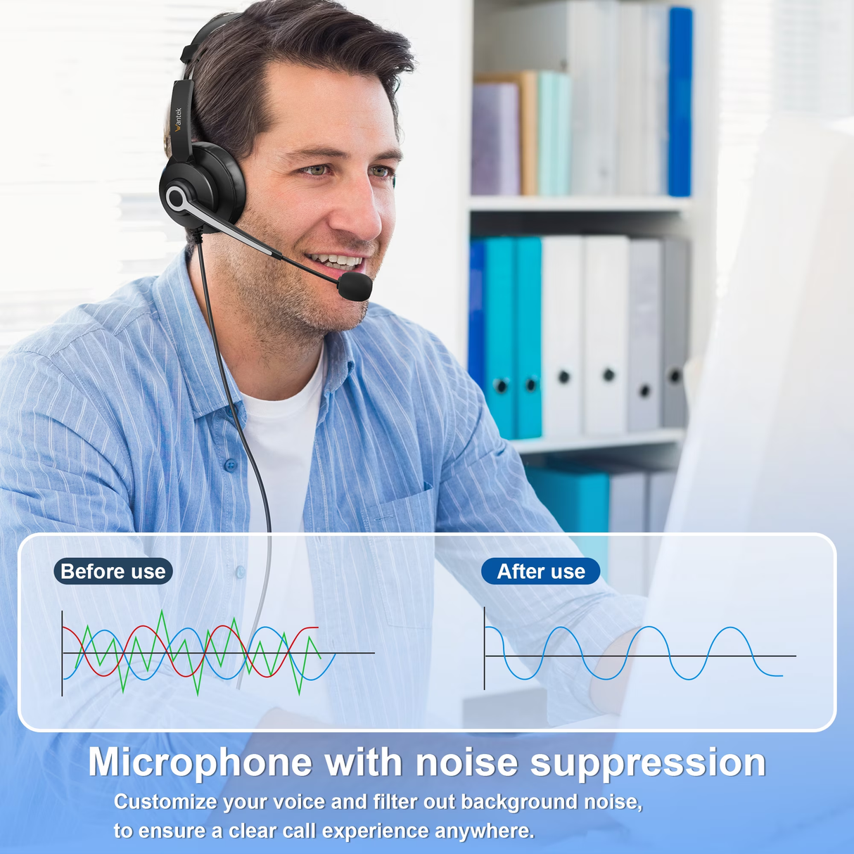 Wantek USB Headset with Microphone for PC, Laptop, 3-in-1 Computer Headset with Noise Cancelling and Audio Controls, USB Headphones for Call Center, Work, Office