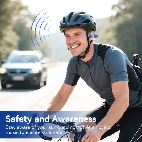 Cyclist wearing Kimhost BC3PRO open-ear bluetooth earphones – hear traffic while listening to music