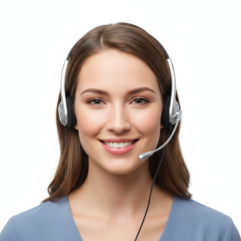 Realistic portrait of a friendly young woman wearing a customer service headset, upper body shot, facing the camera, natural skin texture and detailed facial features, slight smile, soft even studio lighting, isolated on a pure white background, no text, no logo, high resolution, square 1:1 ratio, professional corporate photo style, suitable for website customer support or help center entry image