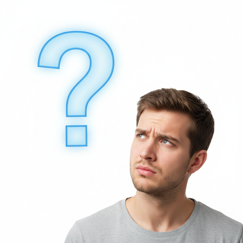 Realistic portrait of a puzzled young man positioned in the bottom right corner, head tilted curiously to the side looking up toward a large glowing question mark floating in the upper left mid position, natural skin details and confused expression, soft studio lighting, isolated on pure white background, no text, no logo, high resolution, square 1:1 ratio, professional style suitable for FAQ or help illustrations
