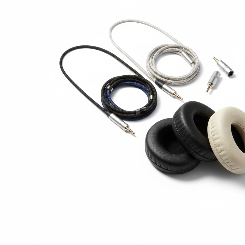 Realistic product photo of headphone accessories sparsely arranged in the top right corner, featuring audio cables, adapters and ear pads loosely scattered diagonally, exactly one-third of the bottom left area kept completely empty white space for text overlay, soft diffused studio lighting, high detail textures with subtle natural shadows, no logo, no text, high resolution, square 1:1 ratio, minimalist professional e-commerce style on pure white background
