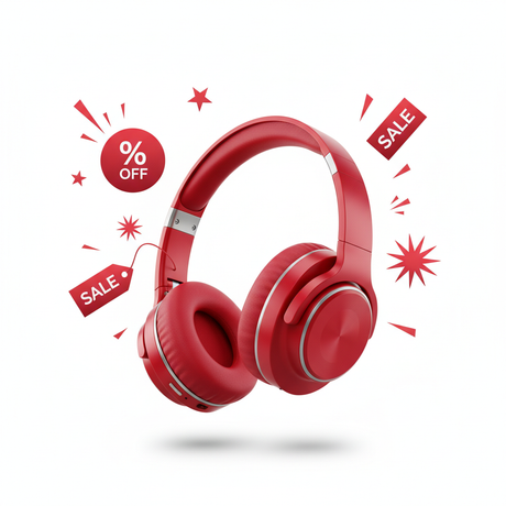 Realistic render of premium over-ear headphones in striking red color scheme, centered on pure white background, surrounded by dynamic discount symbols like red percent off badges, sale tags, and starburst promotions in matching red tones, vibrant product lighting with subtle reflections and shadows, no text, no logo, high resolution, square 1:1 ratio, energetic sales promotion style perfect for website cover
