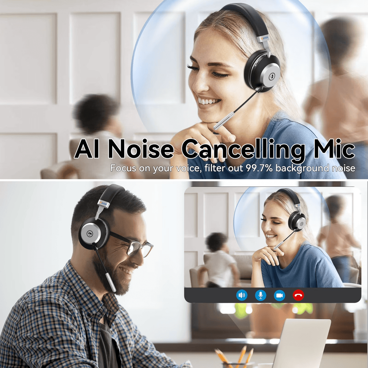 V5.3 Computer Bluetooth Headset with Microphone for PC, with Noise Cancelling Mic, USB Dongle, Charging Base & Mute Button for Work/Cell Phones/Computer/Call Center/Zoom