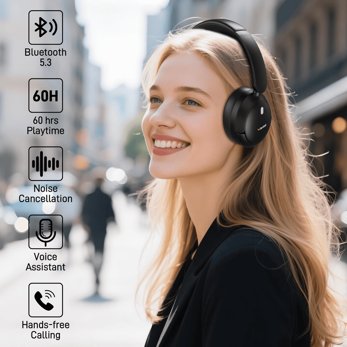 Wantek Active Noise Cancelling Headphones , 70-Hour Bluetooth Headphones, Deep Bass & Hi-Fi Sound - Over-Ear Comfort for Office,PC,Travel, Work