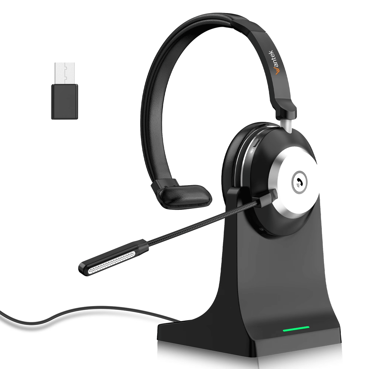 Wantek Bluetooth Headset with Microphone for PC, USB Dongle, Charging Base and Accessories,Mute Button for Work/Cell Phones/Computer/Call Center/Zoom