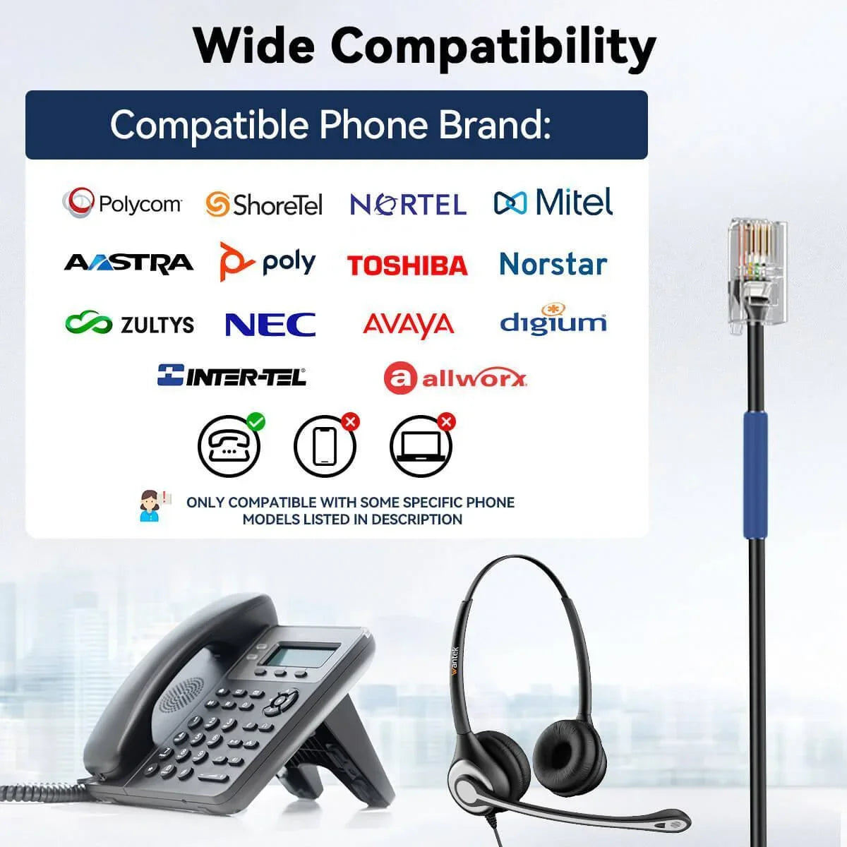 Office phone headset with adjustable headband and boom microphone for business calls