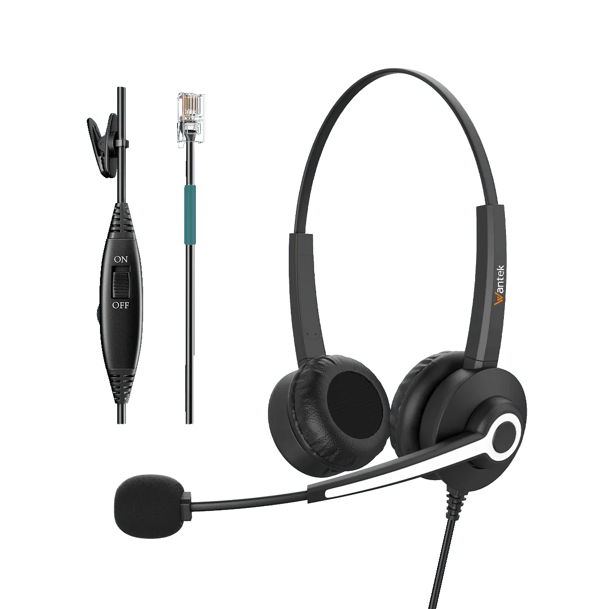 Wantek H682 dual-ear RJ9 headset with RJ1 wiring, inline controls and adjustable boom mic