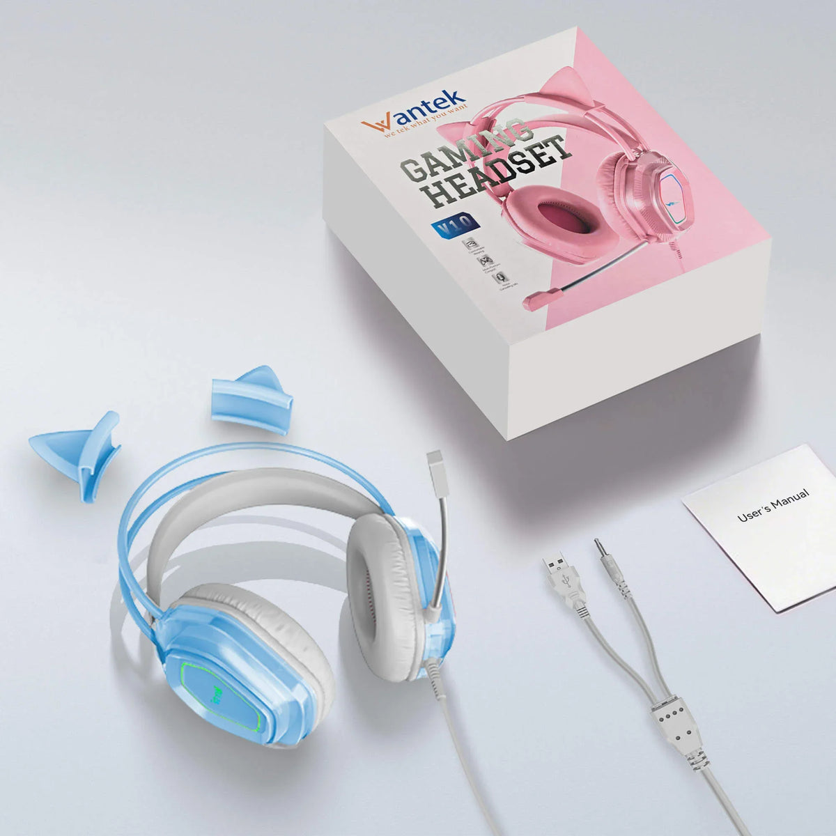 Wantek V10 blue wired cat ear gaming headset with LED earcups