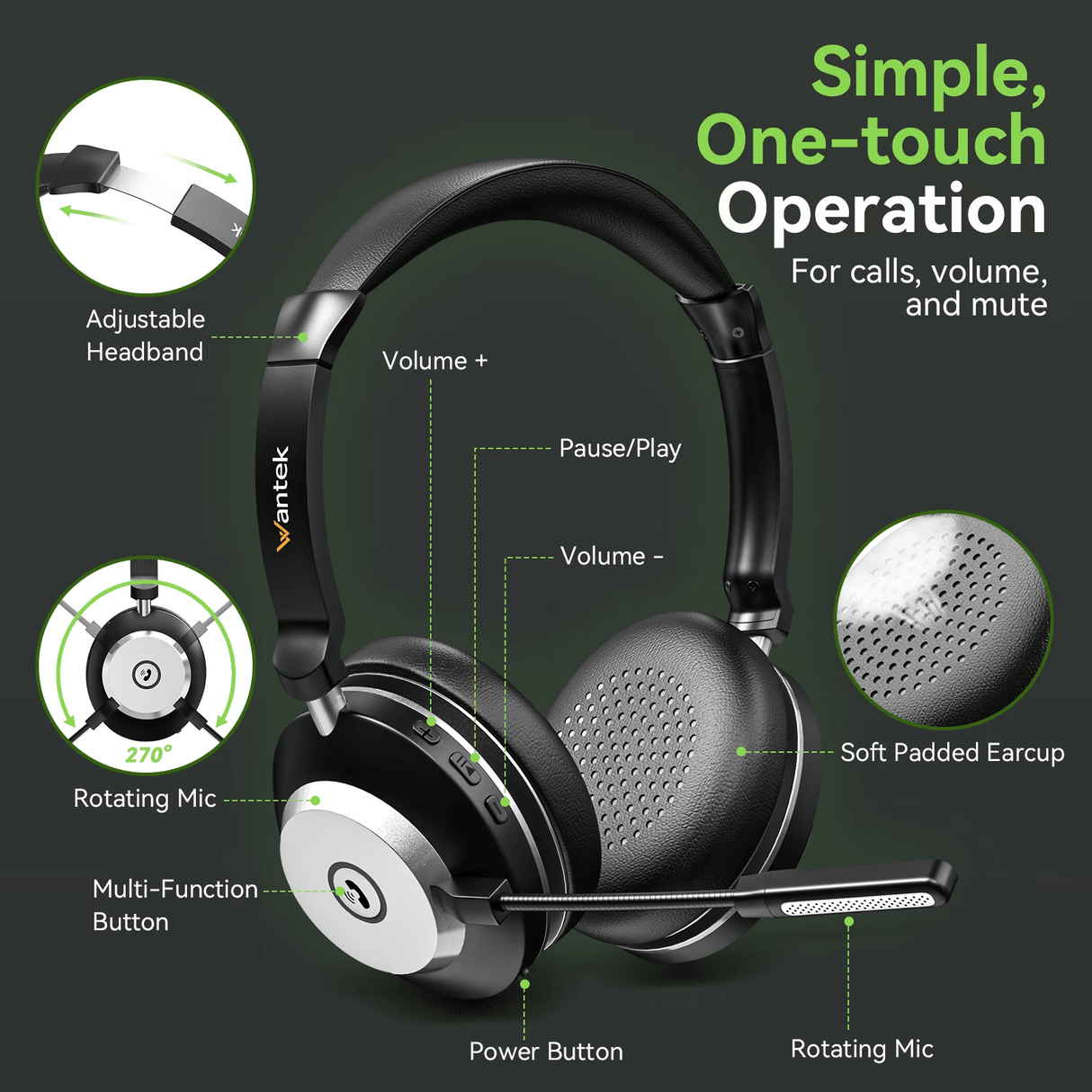 Wantek Trucker Bluetooth Headset with Upgraded Microphone AI Noise Canceling, On-Ear Headphone for Driver Office Call Center