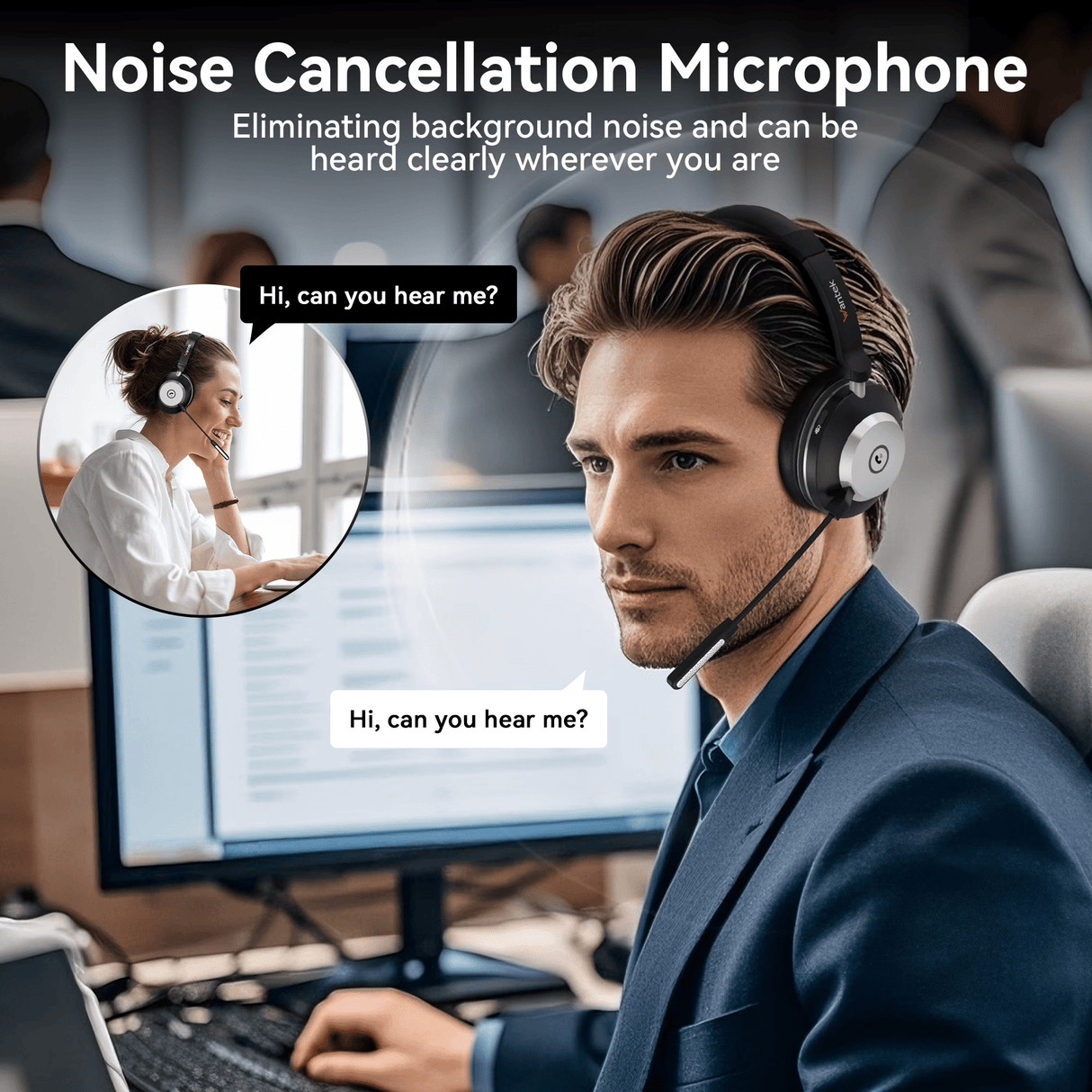 Wantek Wireless Headset with Mic for Work with AI Noise Cancelling Microphone Bluetooth Headset with 2.4G USB Dongle & Mic Mute for Laptop/Computer/Cell Phones/Office/Remote Work/Call Center/Zoom/Sky