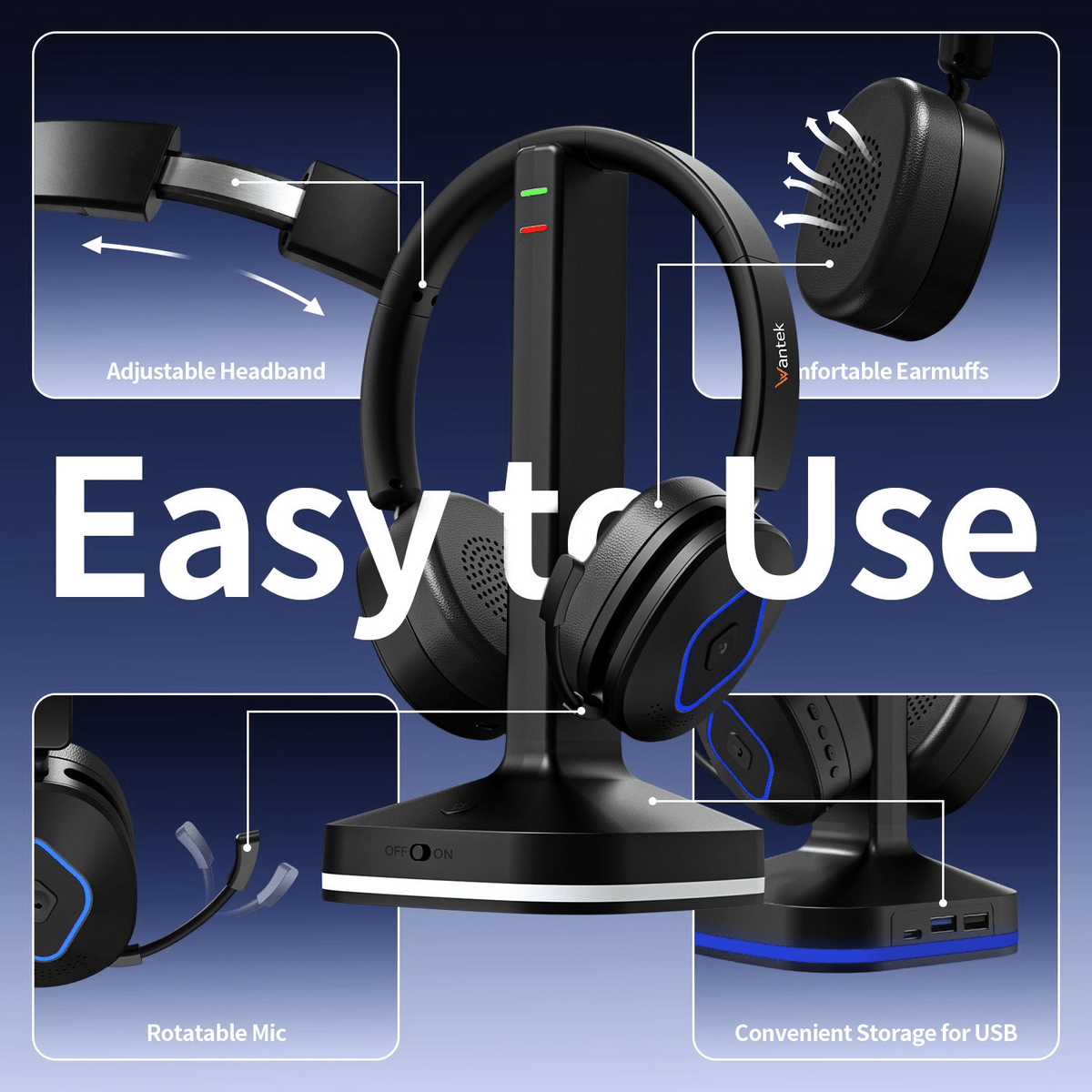 Wantek Wireless Headset with USB Dongle, Bluetooth 6.0 PC Headset with Noise Canceling Mic, 40Hrs Music Time, 2.4G/BT Switch for Computer Laptop Call Center Skype Teams (500mAh)