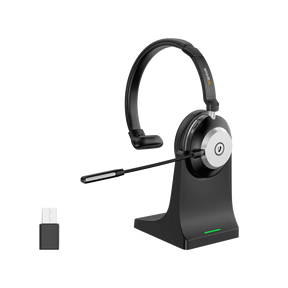 Professional wearing WANTEK wireless headset for office phone while walking in modern office