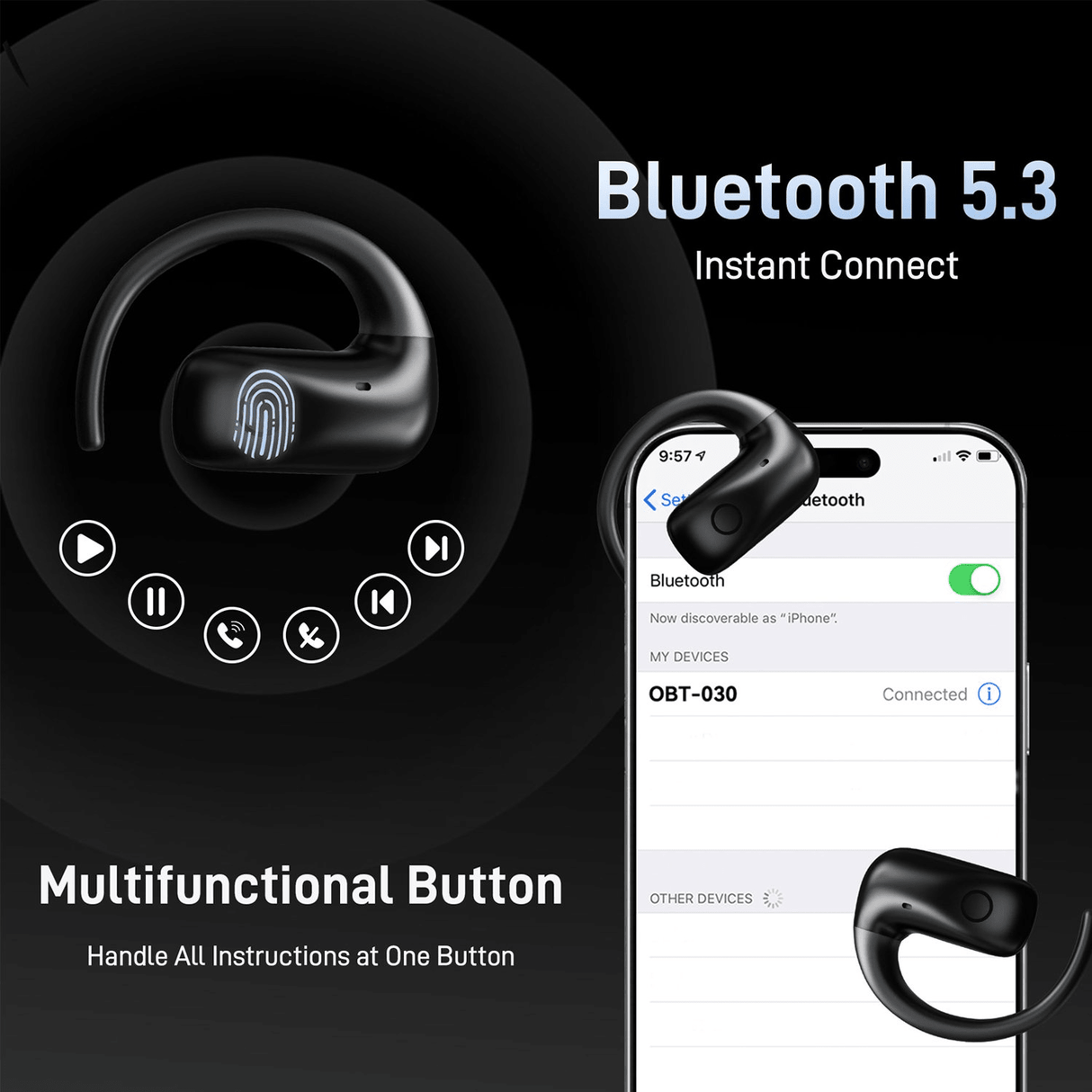 Wireless Open Ear Earbuds, Bluetooth 5.3 Headphones, 50H Playtime w/Charging Case,Touch Controls, Voice Assistant, Built-in Mic for Calls